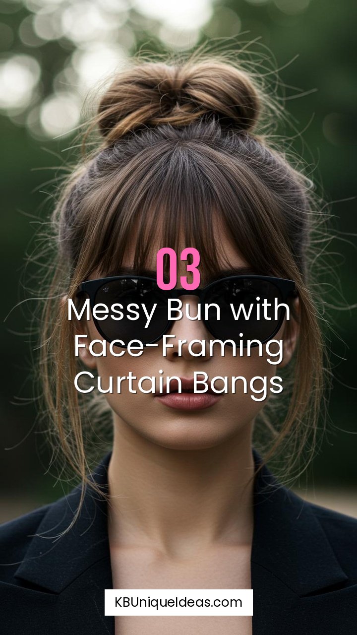 Messy Bun with Face-Framing Curtain Bangs