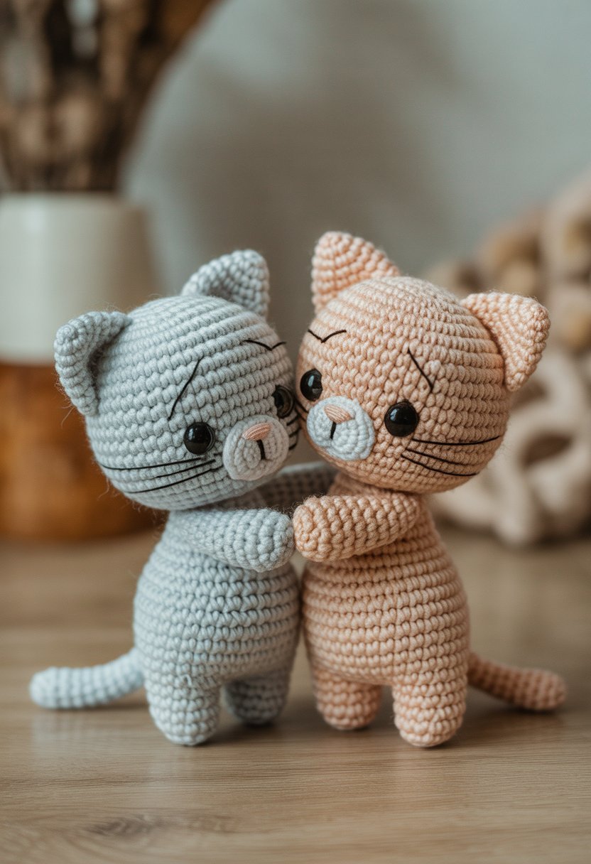 Two handmade crochet cats hugging each other on a wooden surface.